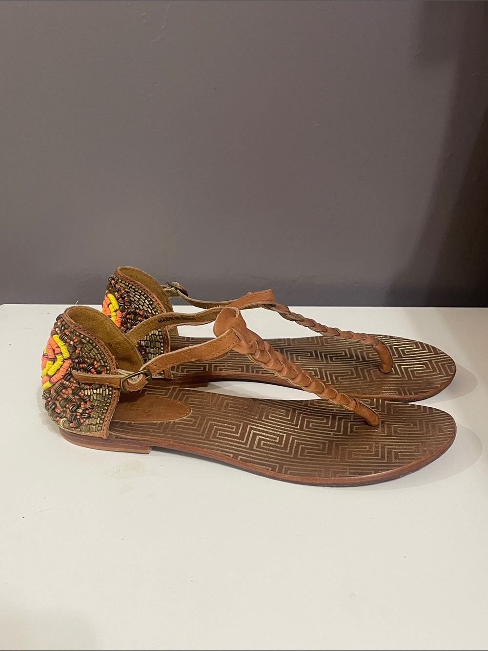 Matisse Anthro Boho Braided Brown Leather T-Strap Beaded Sandals